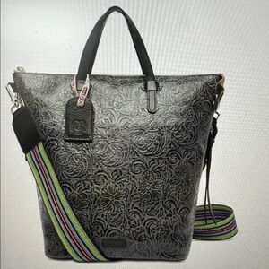 Consuela Steely Sling Black Tooled with Woven Crossbody Strap Women’s Bag